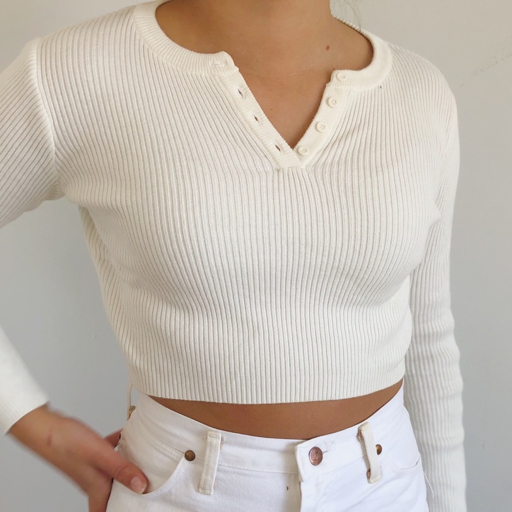 Brandy Melville ribbed white long sleeve top